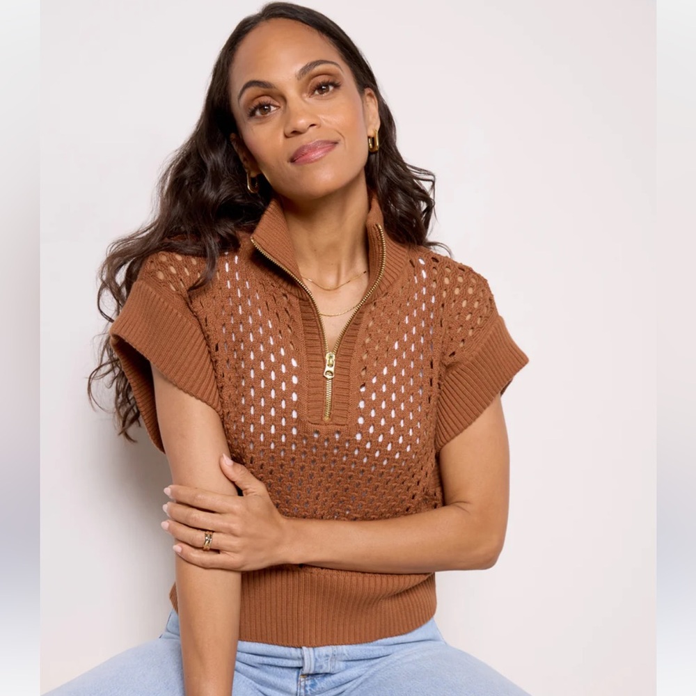 Varley Brown Gaines Half Zip Knit Openwork Sweater